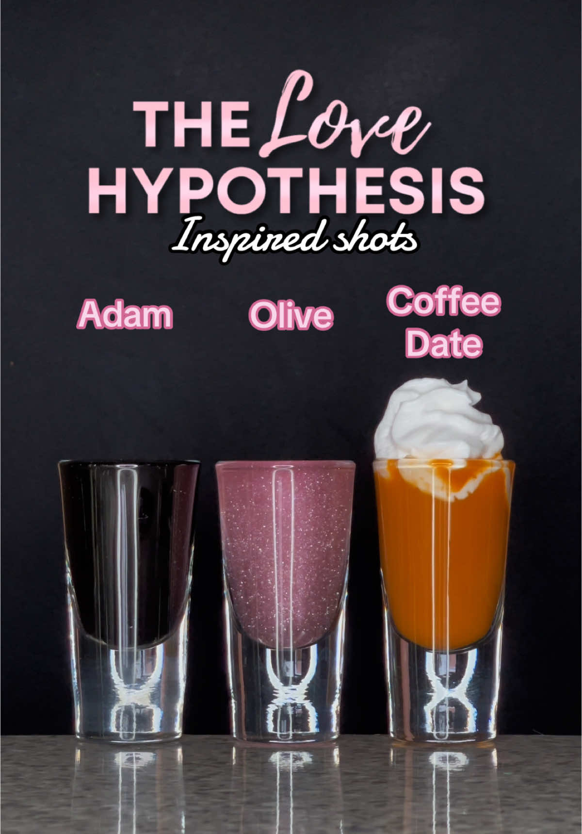 The Love Hypothesis Inspired Shots 🧪🩷 Adam, Olive & Coffee Date ☕️ #thelovehypothesis #shots #cocktails #BookTok 