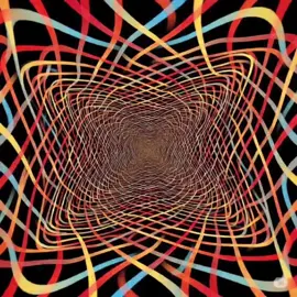 #Dreamcore #Weirdcore #LiminalSpace #fyp  A mesmerizing psychedelic optical illusion of a tunnel. The tunnel is formed by a complex grid of intersecting, curved lines in vibrant red, yellow, blue, and light blue, set against a solid black background. The pattern creates a sense of infinite depth and movement. Digital art, op art.