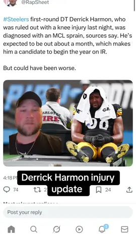 @Pittsburgh Steelers rookie defensive tackle Derrick Harmon has been diagnosed with a MCL sprain. This is good news considering he was carted off the sideline in last nights preseason game against the @Carolina Panthers @NFL #nfl #fyp #pittsburgh #steelers #football 