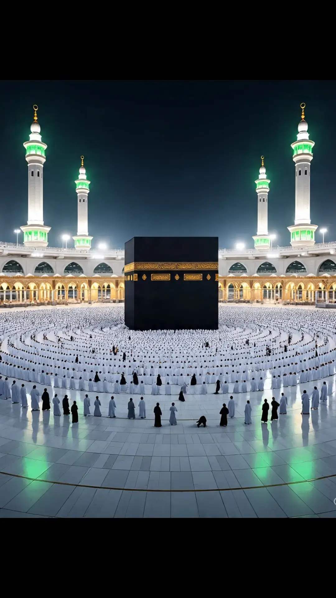 A breathtaking ultra-realistic night view of the Holy Kaaba in Masjid al-Haram, Makkah. The scene captures thousands of Muslim pilgrims in pure white ihram clothes, perfectly aligned in circular rows performing Tawaf around the Kaaba. The Kaaba is at the center, covered in its black and gold Kiswa cloth, glowing under bright white lights. The large white marble courtyard is filled with worshippers, reflecting the lights beautifully. Two tall minarets with green glowing tops stand majestically on both sides. The background shows modern tall buildings of Makkah with illuminated windows and warm golden street lights creating a contrast with the cool bright lights of the mosque. The photo is taken from a high angle, showing the Kaaba, the crowd, the mosque’s arches, and the surrounding cityscape in perfect clarity. Ultra-HD, cinematic lighting, highly detailed, no blur, spiritual and majestic atmosphere.