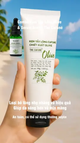 Combo Kem Tẩy Lông Olive & Serum Arnica The Cafuné 100ml – Dùng cho bikini, chân, tay, nách   Thành phần:   - Chiết xuất Olive dưỡng ẩm, làm mềm da   - Serum Arnica làm dịu, giảm kích ứng sau tẩy lông   - Thảo dược thiên nhiên an toàn, lành tính   Công dụng:   - Loại bỏ lông nhẹ nhàng, nhanh chóng và hiệu quả   - Dưỡng da mềm mịn, ngăn ngừa khô ráp sau khi tẩy   - Làm dịu da, hạn chế tình trạng đỏ rát, kích ứng   - Giúp da sáng hơn, mịn màng và đều màu   Tính năng:   - Combo 2 bước: Tẩy lông + Dưỡng da phục hồi   - Dung tích 100ml tiện lợi, dễ sử dụng tại nhà   - Phù hợp cho nhiều vùng da: bikini, tay, chân, nách   - An toàn, có thể sử dụng thường xuyên   #KemTayLong #SerumArnica #TheCafune #DaMinMang #ComboChamSocDa 