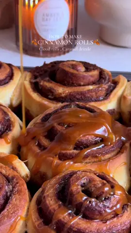 Best Cinnamon rolls you will ever try  Ingredients: •190ml warm milk •2 tbsp yeast •50g sugar •1 egg •pinch of salt • 30g melted butter • 2tbsp oil • 3 and 1/4 cup of plain flour levelled   (Mix all ingredients together and knead for 10 min until its soft and elastic leave the dough rest for 2 hours until its double size) For the filling   •70g softened butter •140g brown sugar •3 tbsp cinnamon powder    Toffee sauce : • 1 and 1/4 cup of sugar •3 tbsp double cream •70g butter • 1/2 tsp salt (Melt the sugar in a saucepan over medium heat until amber, swirling but not stirring. Whisk in butter, then slowly add cream as it bubbles. Stir in salt until smooth and glossy) Roll dough into a ½ cm rectangle, spread filling, roll tightly, and cut into two fingers wide should give you 12 pieces . Bake  Preheat oven to 190°C (350°F),  pour 50 ml double cream on the dough ,place the tray on the medium-low rack, and bake for 20–25 minutes until golden but soft inside. #cinamoroll #recipes #cozy #foryouu #fall 