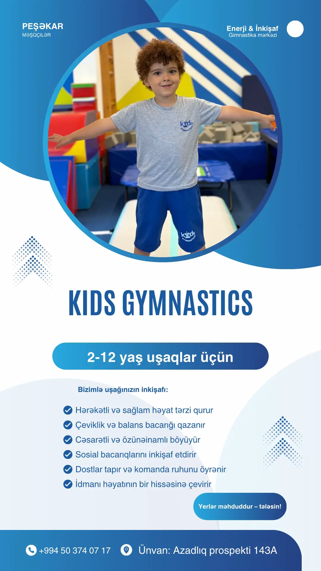 Uşaqlar hərəkət etdikcə böyüyür, inkişaf etdikcə parlayır 🌟 Gimnastika dərslərimizdə onlar yalnız idman etmirlər, həm də dostluq, balans və cəsarət qazanırlar! 💫 ~~~~~~~~~~~~~~~~~~~~~~~~~~~~~~~~~~~~~~~~ Дети растут, когда двигаются, и сияют, когда развиваются 🌟 На наших занятиях по гимнастике они не только занимаются спортом, но и учатся дружбе, равновесию и смелости! 💫 Əlaqə üçün: 📞 +994503740717 📞 +994124805114 📍 Azadlıq prospekti 143A,  Narimanov rayon, Baki geheri 🌐www.gymnasticskids.az 📨instagram:gymnastics.kids.az 📥Facebook: https://www.facebook.com/kidsgymnastics 📩Tiktok: @gymnasticskids.az #UşaqGimnastikası #BakıUşaqları #GimnastikaMərkəzi #Uşaqİdmanı #UşaqlarÜçünİdman 
