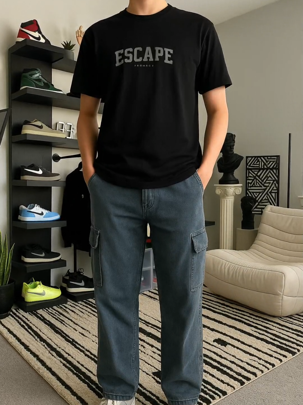 escaperfect tshir dinamics - black kaos pria. gizmo celana cargo jeans pria Loosefit reguler gombrang / long cargo pants grey keren nyman panjang.  #rekomendasi #OOTD #kaos #cargopants #fyp 