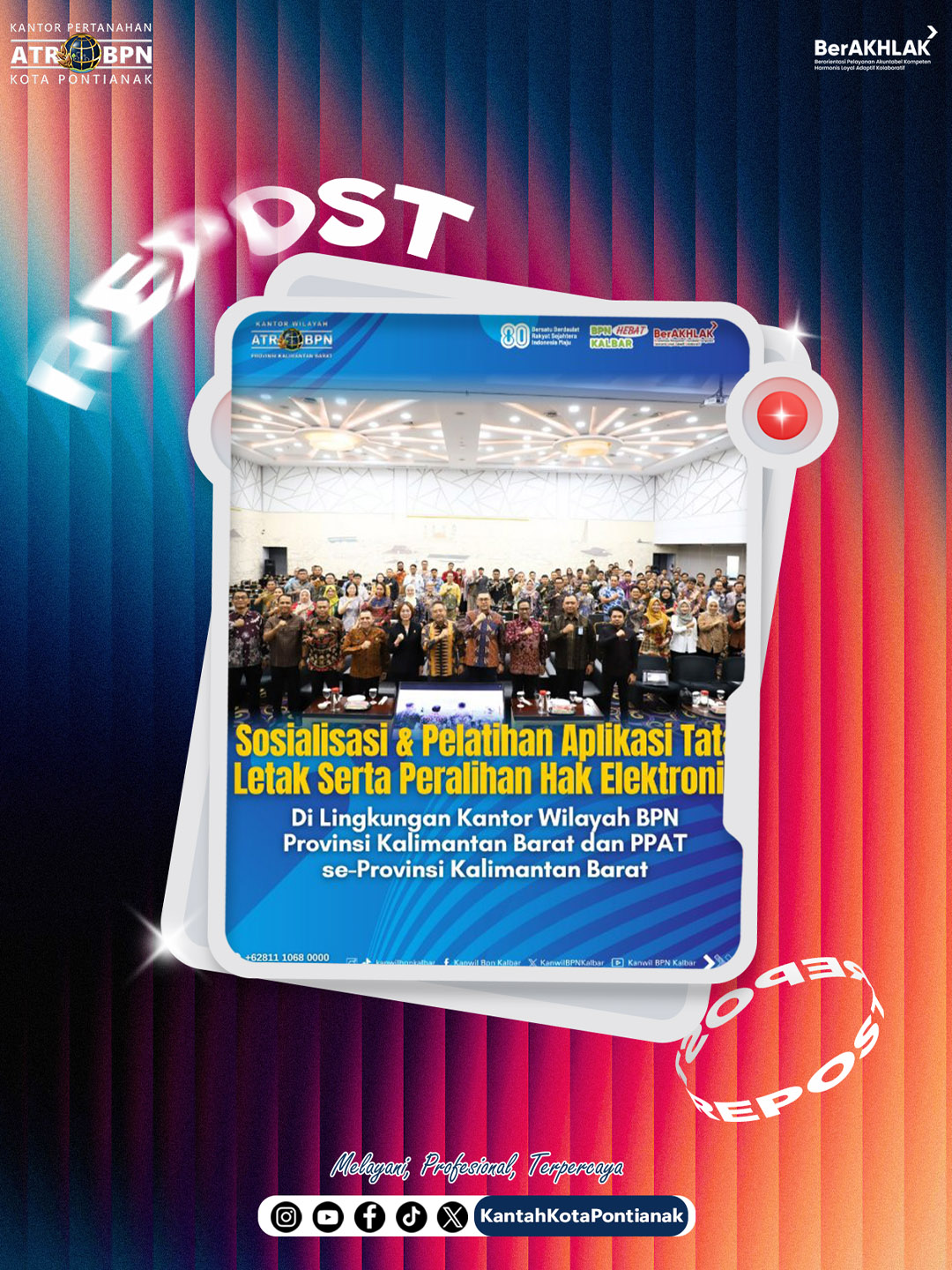 repost from @kanwilbpnkalbar  Halo#SobATRBPN Kantor Wilayah BPN Provinsi Kalimantan Barat menyelenggarakan Sosialisasi dan Pelatihan Aplikasi Tata Letak serta Peralihan Hak Elektronik di lingkungan Kantor Wilayah BPN Provinsi Kalimantan Barat dan PPAT se-Provinsi Kalimantan Barat, bertempat di Hotel Ibis Pontianak pada Jumat, 22 Agustus 2025. Yuk simak selengkapnya dalam video berikut sob 👆 #BPNKalbarHebat #KerjaIkhlasBerkualitasTuntas #ZonaIntegritas #ZI #WBK #ATRBPNKalbar #BPNKalbarHebat #ATRBPNKiniLebihBaik #ATRBPNMajudanModern #MelayaniProfesionalTerpercaya #negaRAhadir • • • • • • Tim Strategi Komunikasi dan Hubungan Masyarakat Kantor Wilayah Badan Pertanahan Nasional Provinsi Kalimantan Barat • • • • • • Akun Resmi Kantor Wilayah BPN Provinsi Kalimantan Barat: | Facebook : Kanwil BPN Kalbar | Instagram : @KanwilBPNKalbar | X : @KanwilBPNKalbar | Youtube : Kanwil BPN Kalbar