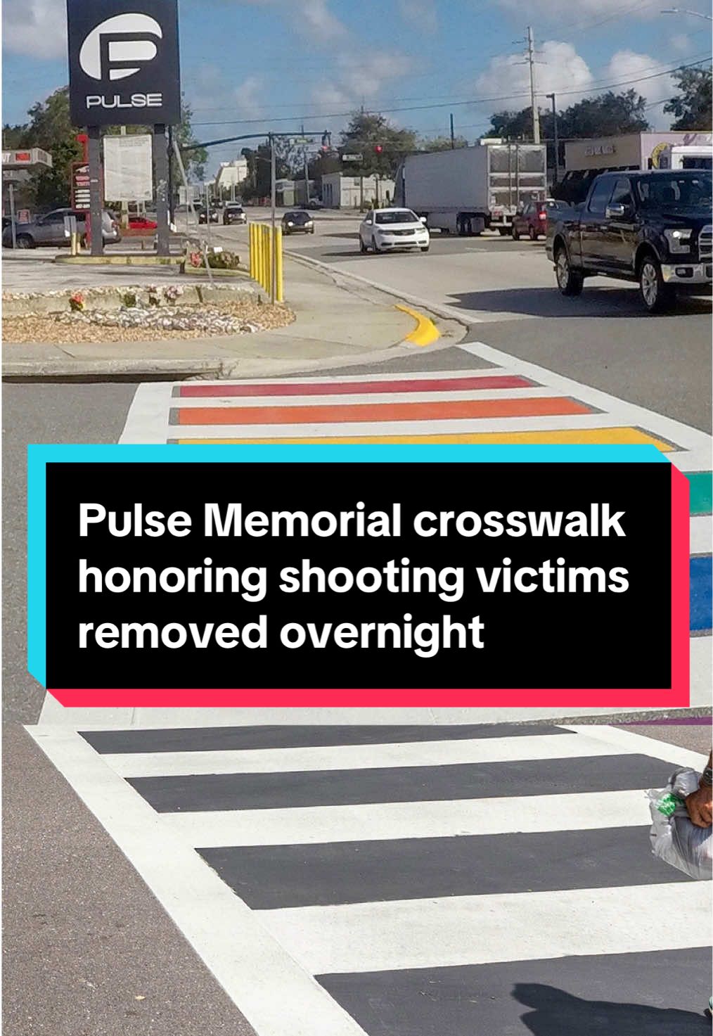 The rainbow crosswalk in Orlando, Florida, that was part of the city’s Pulse Memorial was painted over by the state late on Wednesday night. Orlando Mayor Buddy Dyer criticized the removal of the crosswalk on social media, calling it a “cruel political act.” The memorial was created to honor the 49 people fatally shot by a gunman at the Pulse LGBTQ nightclub in 2016, one of the largest mass shootings in the country's history. Hours after, community members came together to color over the repaved crosswalk.