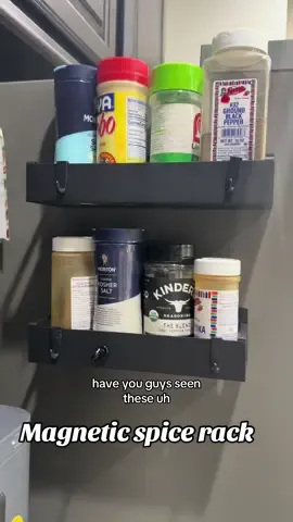 Magnetic spice rack for the side of your refrigerator or wherever you wanna put it that is magnetic. This magnetic shelf is so strong. It holds so many spices and it holds the big spices that I don’t wanna put in my spice rack. Check it out below in the shopping cart #MagneticSpiceRack#KitchenGadget