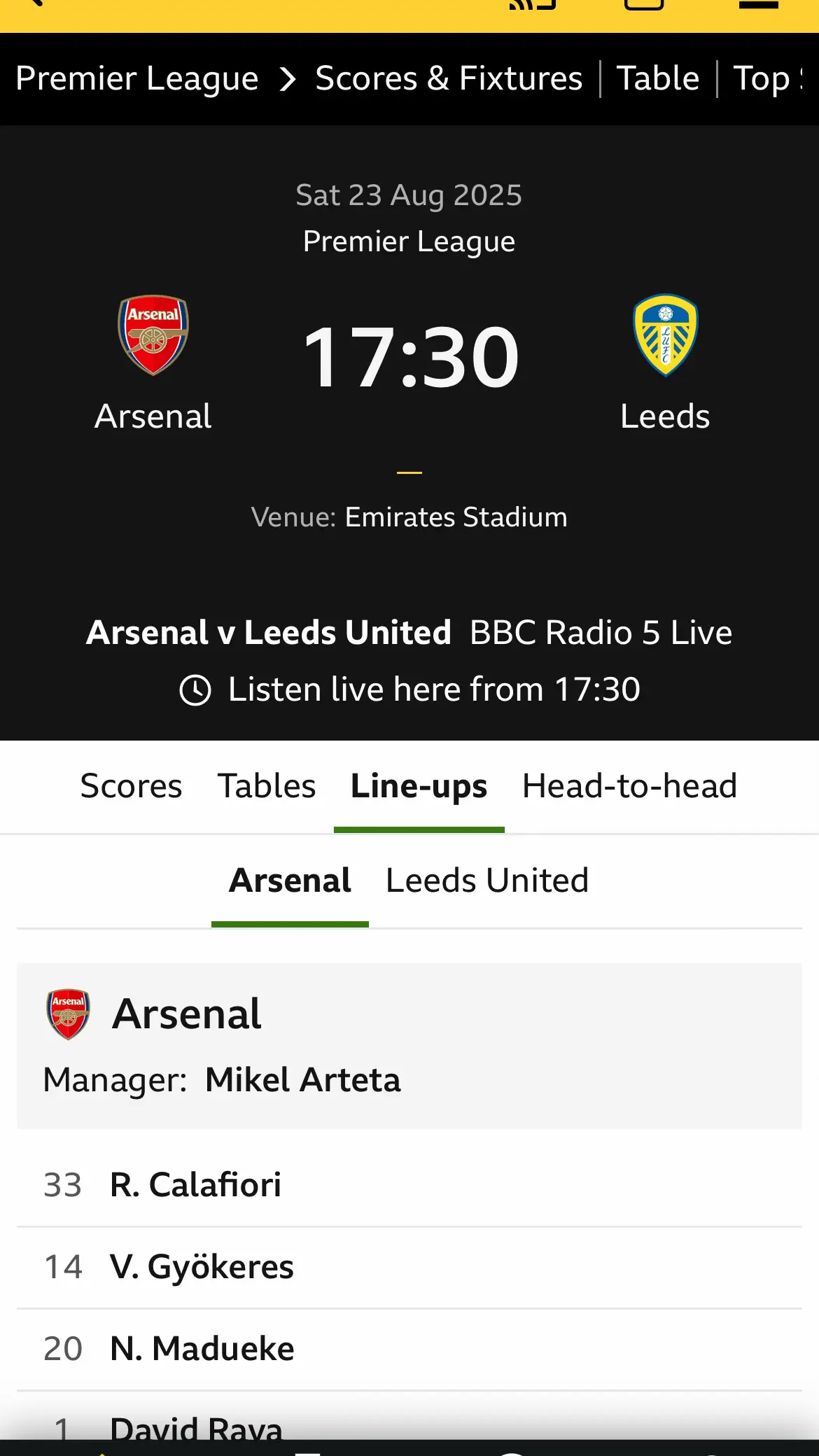Arsenal’s line up vs Leeds united at 17:30 #arsenal #leedsunited #coyg🔴⚪️ @arsenal 