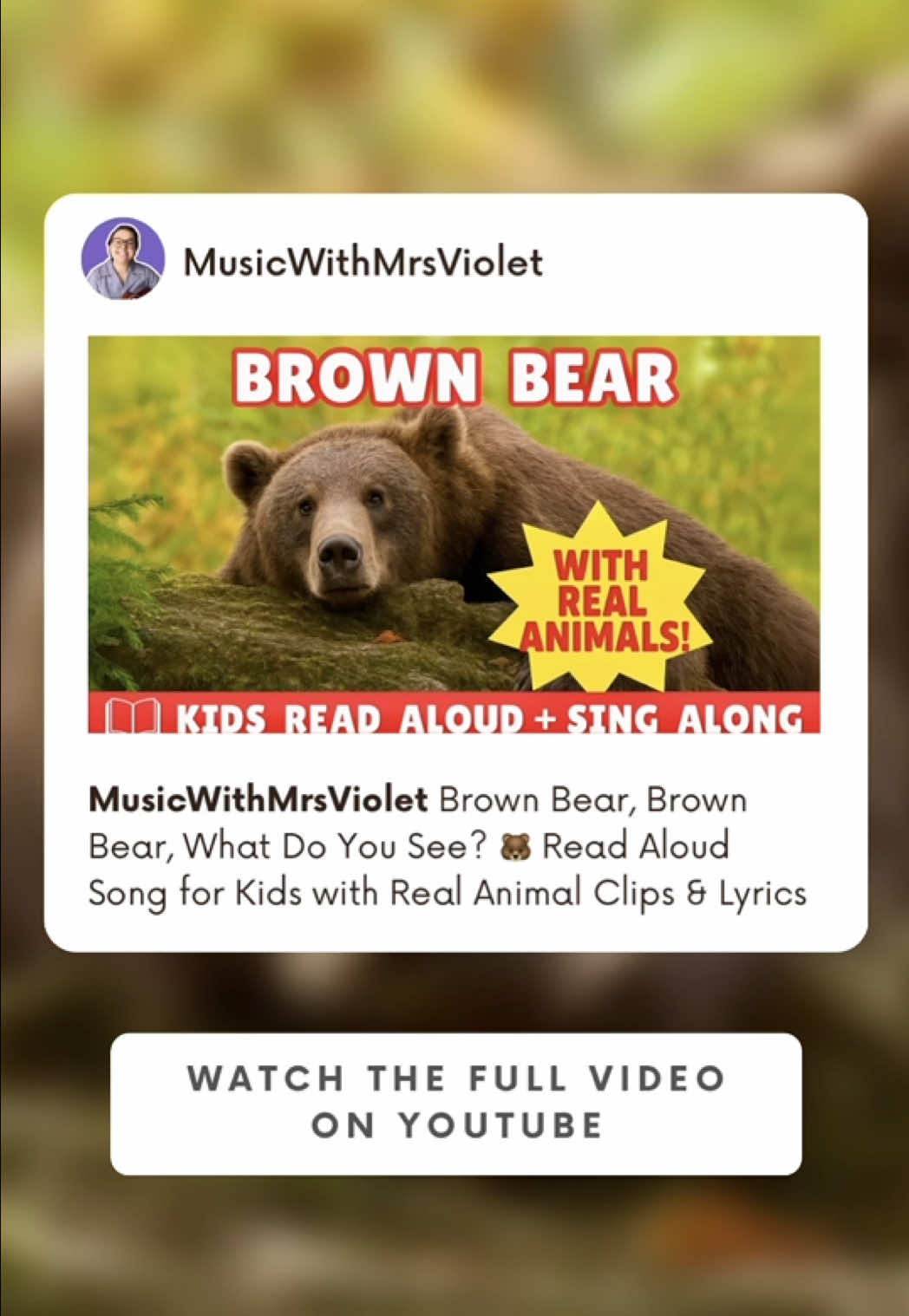 📚🎶 Brown Bear, Brown Bear, What Do You See? 🐻✨ The classic kids book + sing along with REAL animal clips & on-screen lyrics! Perfect for circle time, preschool, kindergarten, or story time at home. 💛 👉 Watch the full read aloud & song on my YouTube channel — link in bio! #kidsongs #readaloud #storytime #preschoolactivities #kindergarten
