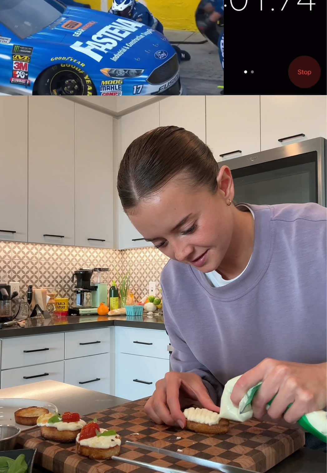 Snack recipe below! Tune in to the NASCAR on NBC Daytona race tonight at 7:30 pm ET!!! @Peacock @NBC Sports @NASCARonNBC #Peacock #PeacockPartner    Ingredients:  -Whipped ricotta: ricotta, olive oil, salt -Blistered tomatoes: cherry tomatoes, crushed garlic cloves, olive oil, salt, fresh thyme and rosemary  -Baguette (sliced) -Yellow peaches (thinly sliced) -Fresh basil and mint  -red chili flakes  -lemon zest  -hot honey  Recipe:  -drizzle bread slices with olive oil and broil (500F) for 5-10 min until golden brown. Remove and set aside -in a small saucepan add tomatoes, garlic, few tbsp of olive oil, pinch of salt, thyme and rosemary sprig. Simmer on low-med until the garlic is golden brown and the tomatoes are blistered and soft, stir occasionally (15ish min). remove herbs and set aside -whip together ricotta, 1/2tbsp olive oil, and a pinch of salt until smooth. You can use an electric whisk, blender, or food processor. add to a piping bag (or ziploc bag and cut off the end)  TOMATO RICOTTA: to the bread add whipped ricotta, tomatoes, garlic, fresh basil and chili flakes  PEACH RICOTTA: to the bread add whipped ricotta, sliced peach, mint, hot honey and lemon zest  enjoy!! :)