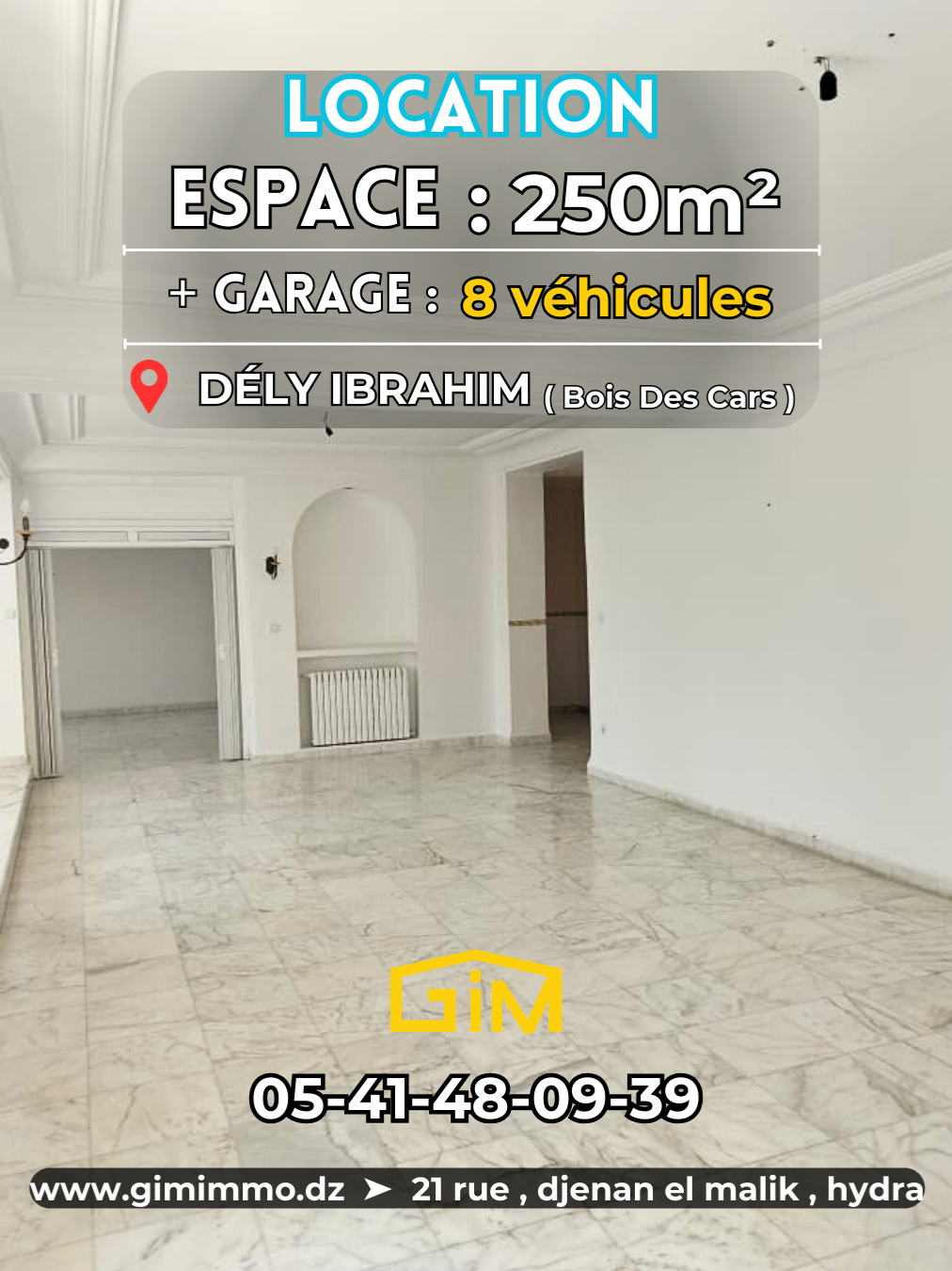 Location – Niveau de villa pour bureaux – Dely Ibrahim (Bois des Cars) 📍 Nous proposons à la location un niveau de villa de 280 m² situé au rez-de-chaussée surélevé d’une villa à Bois des Cars, dans un quartier calme, résidentiel et sécurisé, à proximité immédiate de toutes les commodités. ✨ Caractéristiques du bien : Entrée indépendante avec petite cour privative et terrasse d’accueil. Grande salle de réception avec pièce attenante idéale pour bureau ou salle de réunion. Spacieux open space modulable, offrant une belle luminosité et ouvrant sur une terrasse panoramique. Une grande pièce supplémentaire adaptée pour bureaux ou salle de direction. Sanitaires modernes. 🚗 Stationnement : Sous-sol de 8 places de parking couvertes (accès direct). 💰 Loyer : Espace bureaux (280 m²) : 220 000 DA / mois Parking (8 places) : 80 000 DA / mois Un bien idéal pour société, cabinet professionnel ou bureaux de représentation, offrant confort, indépendance et accessibilité dans l’un des quartiers les plus recherchés de Dely Ibrahim.
