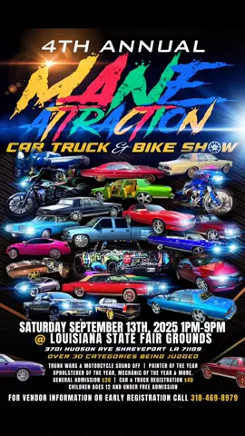 4th Annual MANE ATTRACTION CAR, TRUCK & BIKE SHOW‼️Saturday September 13, 2025 from 1pm-9pm @officialstatefairoflouisiana  3701 HUDSON AVE SHREVEPORT LA 71109 OVER 3O CATEGORIES BEING JUDGED TRUNK WARS & MOTORCYCLE SOUND OFF | PAINTER OF THE YEAR UPHOLSTERER OF THE YEAR. MECHANIC OF THE YEAR & MORE. LIMITED GENERAL ADMISSION PRESALE TICKETS or $20 | CAR & TRUCK REGISTRATION $40  CHILDREN 12 AND UNDER FREE FOR VENDOR INFORMATION CALL 318-469-8979 This year, we will be doing things a little different to bring awareness & educate the community about Autism. A percentage of the proceeds will be donated to a local Autism Awareness Foundation!  🧩“Autism is not a disability; it’s a different ability.”🧩  #share #repost Everyone @highlight
