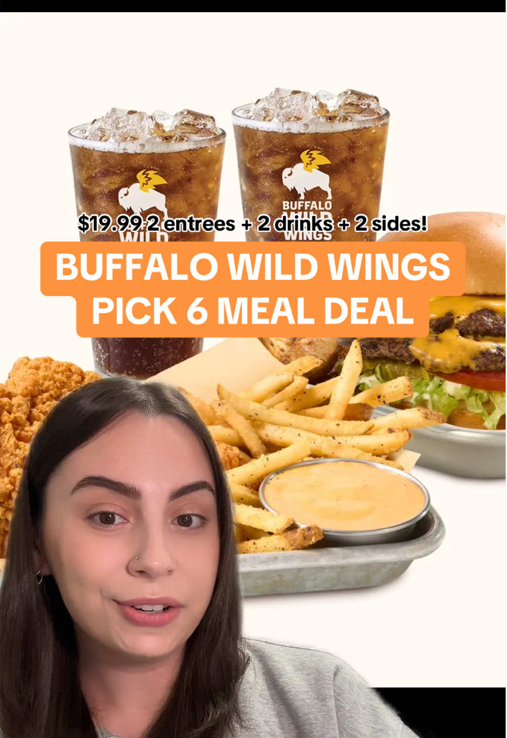 $20 gets you a meal for 2 at Buffalo Wild Wings! If you’re looking for an amazing cheap eat or meal deal, Buffalo Wild Wings just brought back their pick 6 which gets you 2 entrees, 2 sides and 2 drinks for $19.99. It’s available for dine in, delivery or takeout.  For entrees, pick boneless wings, all American cheeseburger or their new crispy chicken dippers. You can upgrade your entree item for an additional charge. On the side get tots, wedges or fries and pick a fountain drink of your choice! @Buffalo Wild Wings #fastfood #cheapeats #mealdeal #buffalowildwings #bww 