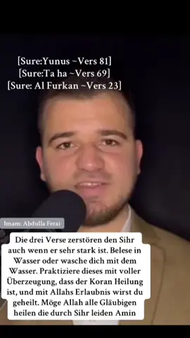 Bismillahirrahmanirrahim Felemma ‘elkaw kale musa ma xhi’tum bihi es-sihru ‘innall-llahe sejubtiluhu ‘innall-llahe la juslihu ‘amelel-mufsidine (junis: 81).  __________________________ Bismillahirrahmanirrahim We ‘elki ma fi jeminike telkaf ma sena’u ‘innema sena’u kejdu sahirin we la juflihu es-sahiru hejthu ‘eta (taha: 69).  __________________________ Bismillahirrahmanirrahim We kadimna ‘ila ma ‘amilu min ‘amelin fexhe’alnahu heba’en menthuræn (el-furkan: 23). #🦋🦋🦋🦋🦋🦋 #______________________________________ #Aufrichtigkeit #NasrIslam #foryoupage                           „Schutz gegen Jinn“ ist ein Thema, das im islamischen Glauben eine große Rolle spielt. In der islamischen Überlieferung werden Jinn als unsichtbare Wesen beschrieben, die aus rauchlosem Feuer erschaffen wurden (vgl. Qurʾān 55:15). Manche Jinn sind gutartig, andere können den Menschen schaden, indem sie Angst einflößen, Versuchungen bringen oder Krankheiten verursachen. Daher gibt es im Islam konkrete Empfehlungen, wie man sich schützen kann. ⸻ 🔑 Wichtige Schutzmaßnahmen (islamische Perspektive) 1. Ständiges Gedenken an Allah (Dhikr) 	•	Bismillah (بِسْمِ اللَّهِ) vor jeder Handlung sprechen, z. B. beim Betreten des Hauses, Essen, Anziehen, Waschen. 	•	Dhikr und Tasbih (SubhanAllah, Alhamdulillah, Allahu Akbar) regelmäßig wiederholen. 	•	„Aʿūdhu billāhi min ash-shayṭānir-rajīm“ (أَعُوذُ بِاللَّهِ مِنَ الشَّيْطَانِ الرَّجِيمِ) sagen, wenn man Angst verspürt. ⸻ 2. Regelmäßiges Gebet und Qurʾān-Rezitation 	•	Die fünf Pflichtgebete schützen vor Übel. 	•	Rezitation von Ayat al-Kursī (Qurʾān 2:255) besonders abends und nach jedem Gebet. 	•	Suren Al-Falaq (113) und An-Nas (114) sowie Al-Ikhlās (112) morgens und abends dreimal lesen. ⸻ 3. Ruhe im Haus schaffen 	•	Vor dem Schlafengehen Sure Al-Baqarah lesen oder zumindest die letzten zwei Verse (2:285-286). 	•	Den Namen Allahs nennen, wenn man das Haus betritt: „Bismillah, tawakkaltu ʿalallāh, lā ḥawla wa lā quwwata illā billāh.“ ⸻ 4. Sauberkeit und Sunnah-Praktiken 	•	Wudu (Gebetswaschung) regelmäßig. 	•	Nägel schneiden, Reinlichkeit bewahren. 	•	Nicht an Orten verweilen, wo Unreinheiten sind. ⸻ 5. Ruqa (Schutzbittgebete und Heilung) 	•	„Ruqyah Sharʿiyyah“: bestimmte Bittgebete und Qurʾān-Verse, die der Prophet ﷺ lehrte. 	•	Hände über den Körper streichen nach Rezitation. ⸻ 6. Vermeidung von Dingen, die Jinn anziehen 	•	Kein Aberglaube, keine Zauberei, keine Gläserrücken oder Spiritismus. 	•	Orte meiden, die mit schwarzer Magie oder okkulten Praktiken zu tun haben. ⸻ 💡 Zusammenfassung: Der beste Schutz gegen Jinn ist ein Leben im Gedenken an Allah, das Einhalten des Gebets, Rezitation bestimmter Qurʾān-Verse und Bittgebete (Dua). Wenn jemand ernsthafte Probleme hat, die möglicherweise mit Jinn-Beeinflussung zu tun haben, sollte er eine vertrauenswürdige islamische Gelehrte oder einen Ruqyah-Praktiker aufsuchen.