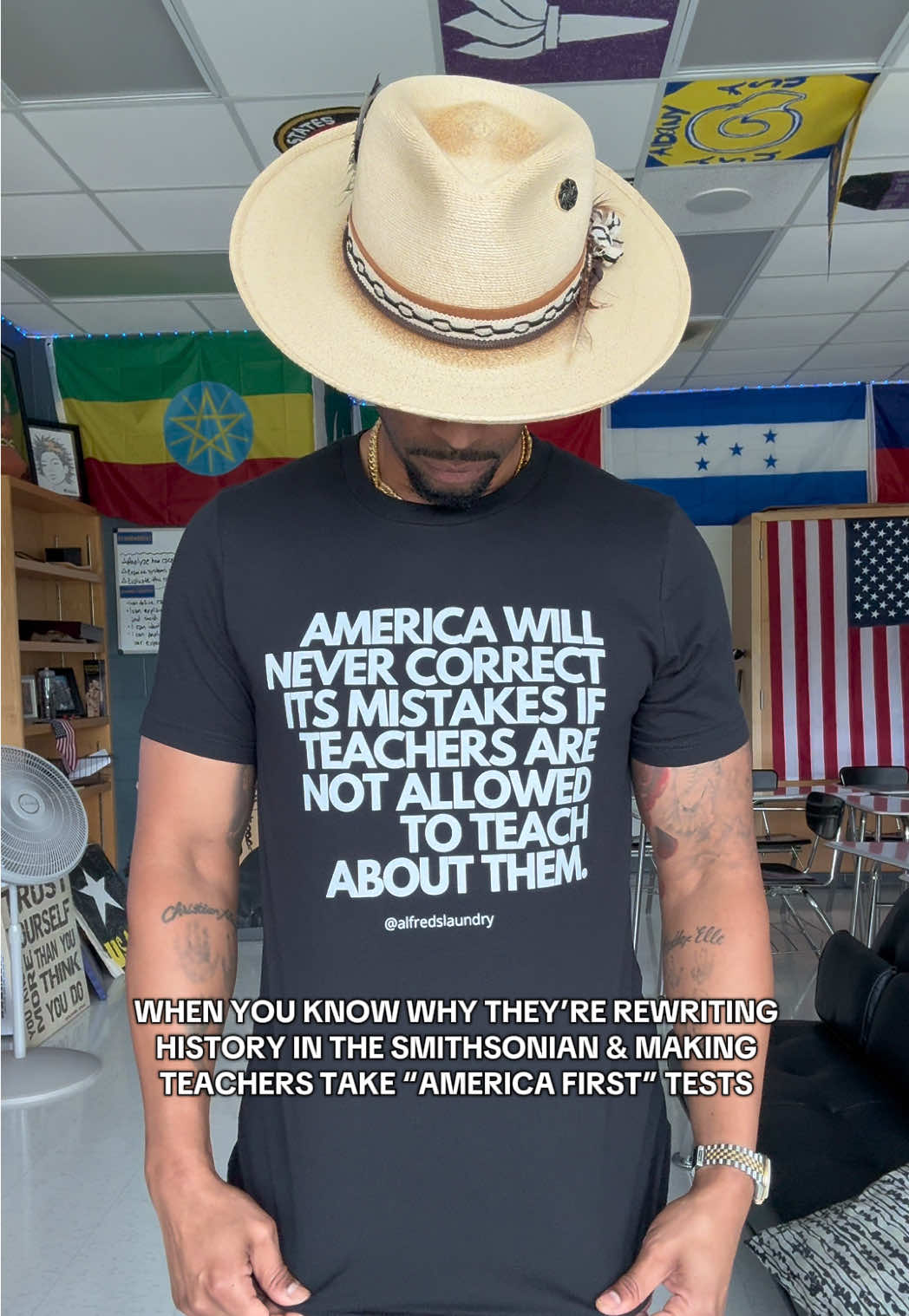 America will never correct its mistakes if teachers are not allowed to teach about them. There is a very real intention behind the ongoing attack on American history and the way it is taught. Rather than face the truth of our past… some would rather revise it, sanitize it, or erase it altogether. But when we erase the lessons of history, we repeat its sins. When we silence educators, we rob young people of the knowledge they need to build a better future. The truth may be uncomfortable… but it is necessary. Our classrooms should be places of honesty, courage, and growth… not censorship and fear. Shirt available on my site now! 🔗 alfredslaundry.com 👈🏽 Link in bio #teach#teacherh#teacherootdh#teachersoftiktokh#teacherlifehertok  