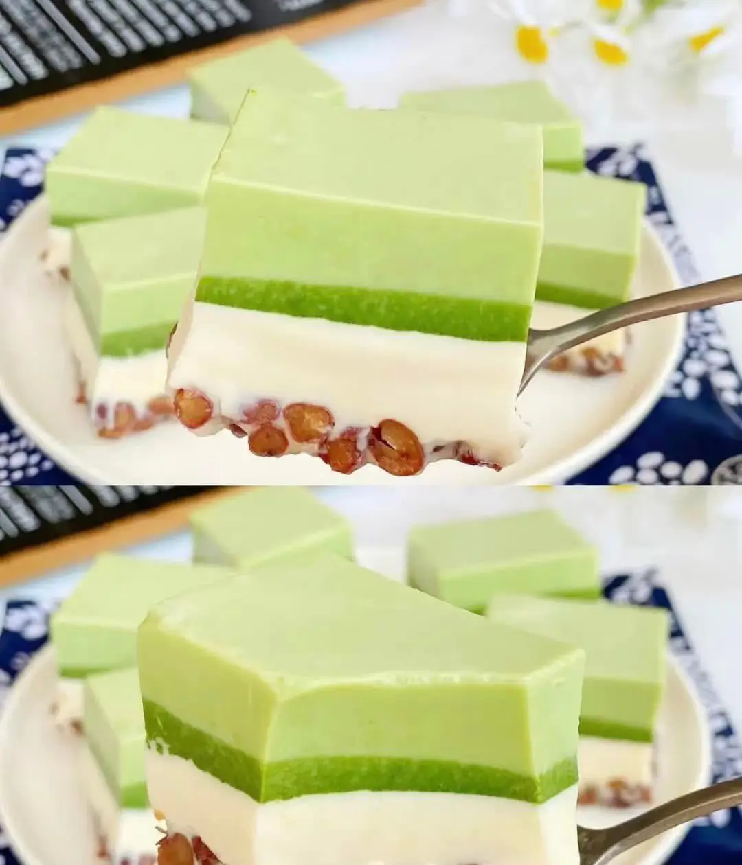 ၄လွှာပူတင်းကျောက်ကျောလုပ်နည်းလေးပါ💚 မြင်ဖူးနေကျပုံစံတိုင်းမဟုတ်ဘဲ menuအသစ်လေး😍 matcha bean milk puddingလေးပါ 🍵🥛🫘 #credit Keko food House #credit_to_original_creator🙏🤍 #fyp #oiishiyo 