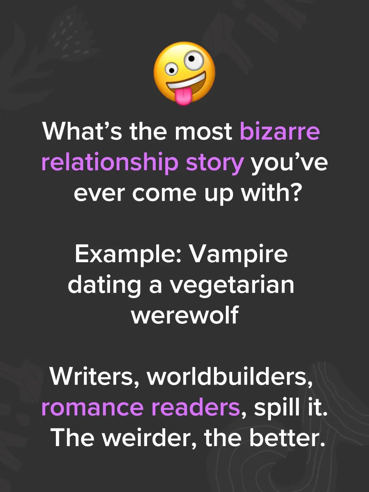 Vampire dating a vegetarian werewolf? A pirate engaged to two mermaids at once? A witch who accidentally fell in love with her own reflection spell? Writers, worldbuilders, romance readers—spill it. The weirder, the better. #worldbuilderforhire #BookTok #WritingCommunity #author #trendingsong 