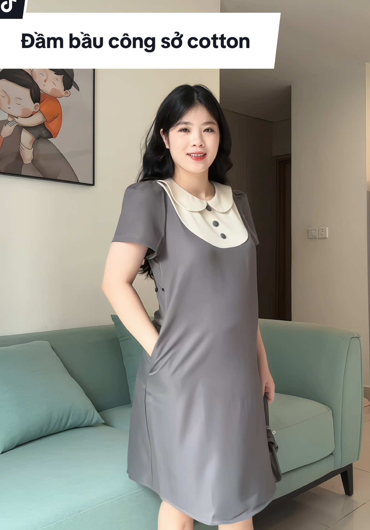 Đầm bầu Riri công sở cổ sen phối cúc bọc chất cotton lạnh mềm mát #hellobanhgao #thoitrangbau #mebau #vaybau #dambau 