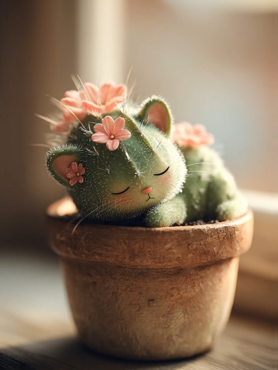 A gentle stir in morning haze,  A fleeting look, a sleepy gaze,  The world can wait, the sunbeam keeps,  As back to prickly dreams he sleeps. #cutie #whimsicalaesthetic #cozyvibes #softaesthetic #sleepyday #animatedwallpaper Un œil s'ouvre sur le jour naissant,  Le monde est là, un court instant,  Mais le doux rêve est plus tentant,  Le sommeil revient, doucement. #cactus #tropmimi