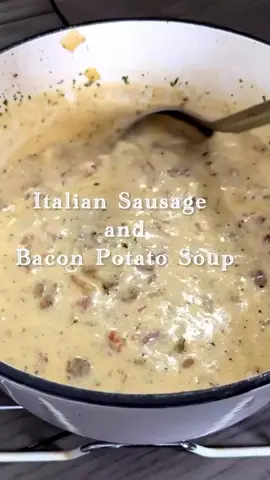 Italian Sausage and Bacon Potato Soup 4 slices of bacon, chopped - 1 pound Italian sausage - 1 onion, chopped - 2 cloves garlic, minced - 4 medium potatoes, peeled and diced - 4 cups chicken or vegetable broth - 1 cup heavy cream - 1 teaspoon Italian seasoning - Salt and pepper to taste - Mozzarella and Provolone cheese. (Use whatever you like) - In a large pot or Dutch oven, cook the chopped bacon over medium heat until crispy. Remove the bacon and set aside - Add the Italian sausage to the pot and cook until browned, Remove the cooked sausage from the pot and set aside with the bacon. - In the same pot, add the chopped onion and sauté until translucent, about 5 minutes. Add the minced garlic and sauté for 2 to 3 minutes - Stir in the diced potatoes and pour in the chicken or vegetable broth. Bring the mixture to a boil, then reduce the heat to a simmer. Cook until the potatoes are tender, about 10-12 minutes. Add the cooked sausage and bacon to the pot. Stir in the Italian seasoning, heavy cream, and season with salt and pepper to taste. - Let the soup simmer for a few more minutes until heated through. You can use a slurry to thicken. #potatoes #soup #soupseason #EasyRecipes #comfortfood #cozyrecipes #cozy #Recipe #fall #onepotmeal #loadedbakedpotato #creamy #cheesy #autumn #heartysoup #heartymeal 📷janays_cookin