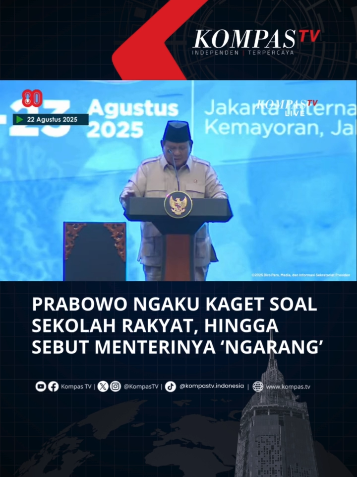 Presiden RI Prabowo Subianto mengaku kaget dengan kinerja para menterinya di Kabinet Merah Putih saat memberikan pembekalan kepada kepala sekolah dan guru Sekolah Rakyat pada Jumat (22/8/2025). “Kabinet Merah Putih ini rupanya kalau sudah diberi tugas, tidak ada hari Minggu, tidak ada hari libur, tidak ada jam kerja. Semua bekerja,” ujar Presiden Prabowo. “Sampai saya dikagetkan, ‘Pak, akhir Juli kami siap 100 sekolah.’ Hah? 100 sekolah? Ngarang kalian,” lanjutnya. Prabowo juga mengaku kaget kembali saat melihat jajaran menterinya mengenakan seragam dalam acara tersebut. Tuliskan komentarmu dan dapatkan berita terkini lainnya di www.kompas.tv serta youtube.com/kompastv #TikTokBerita