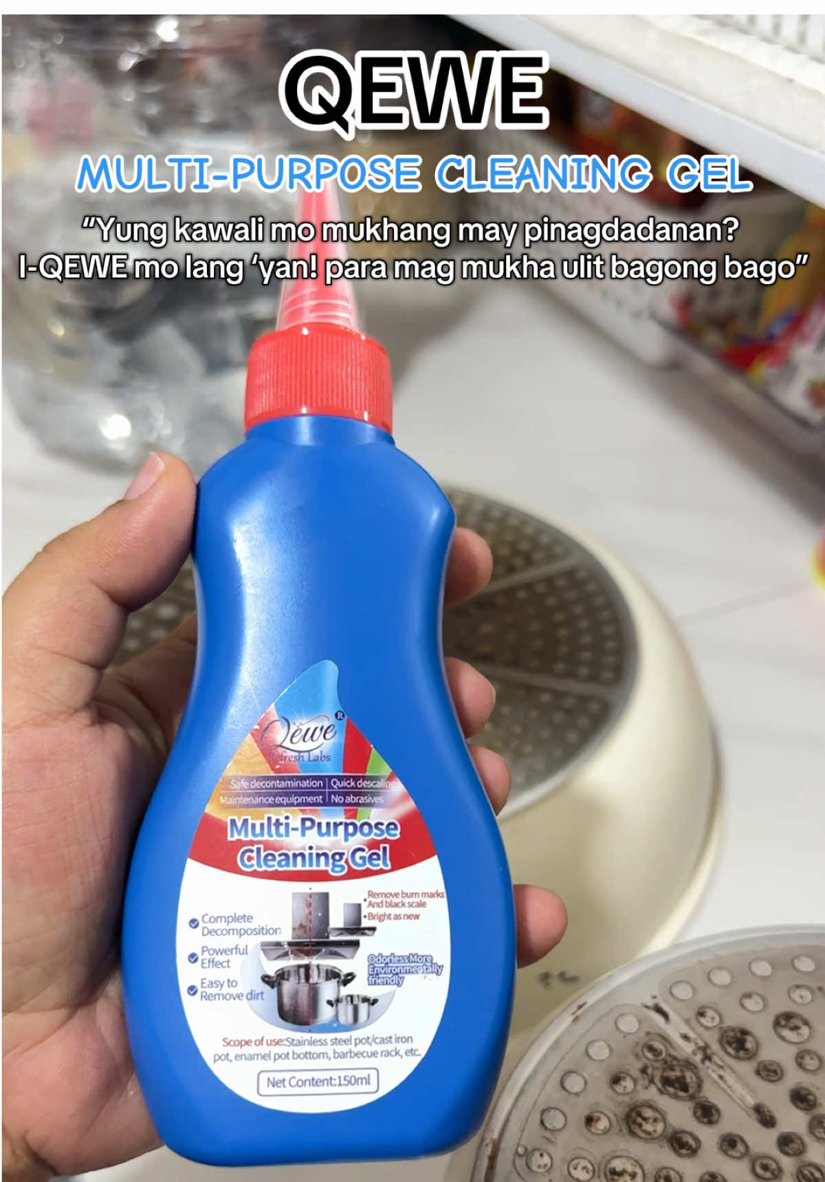 Kahit gaano ka-kapit, kayang linisin ni QEWE! 🔥 Panlinis na tunay na pangmalakasan! #qewe #multipurposecleaner #stainremover #cleaning #fyp 