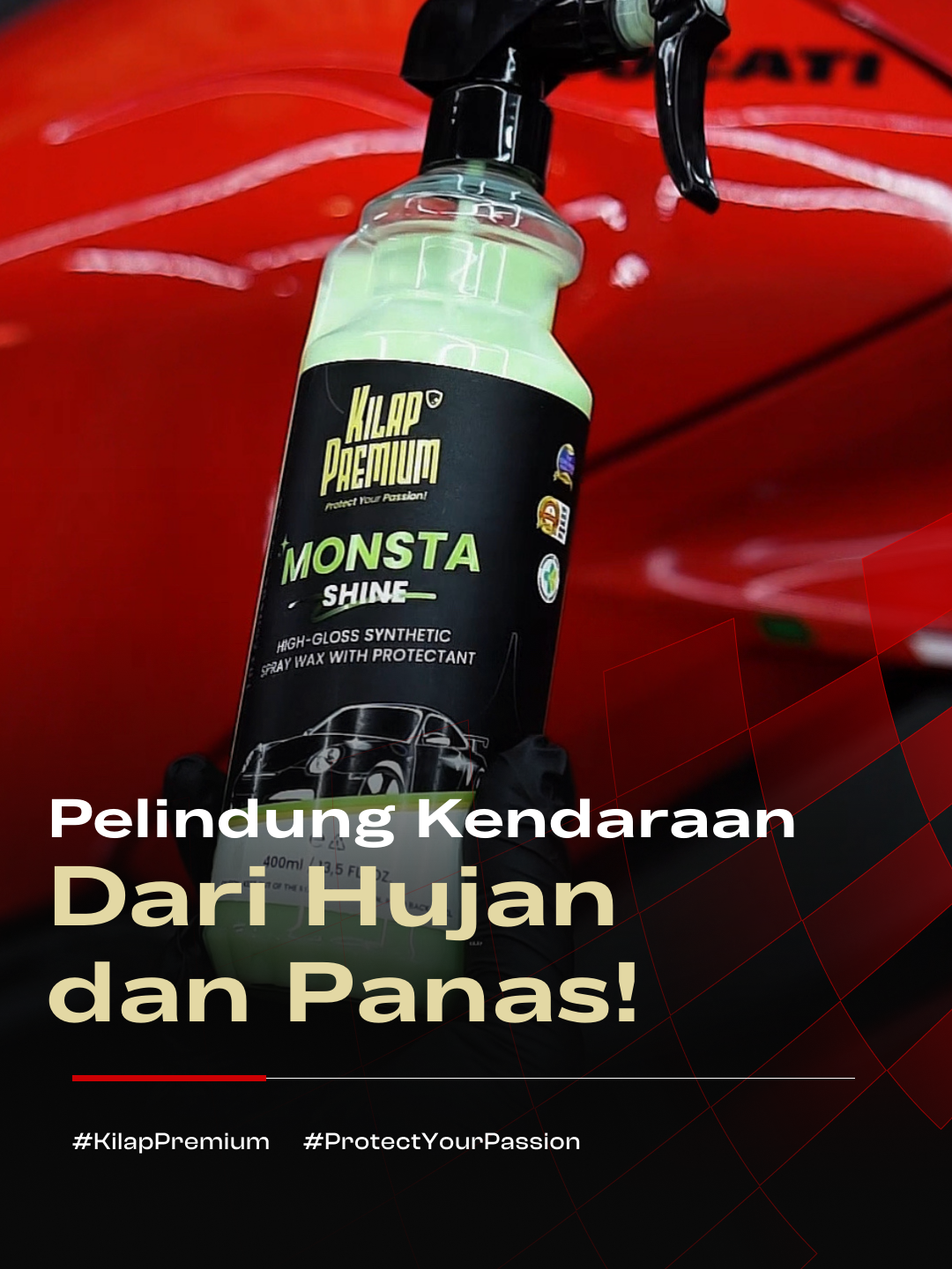 Motor gampang kusam dan berdebu setelah hujan-hujanan?  Kilapin aja pakai Monsta Shine dari Kilap Premium Sob. Body Glossy ga gampang kusam meski trabas hujan di cuaca yang ga menentu sekarang! Banyak masalah 1 solusi aja nih Sob! #MontsaShine #Hujanhujanan #Cuaca #KilapPremium #ProtectYourPassion