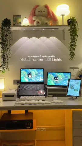 One of my best purchases for my desk setup — my wireless & rechargeable motion-sensor LED lights ⊹₊⟡⋆ #ledlights #motionsensorlights #rechargeablelight #desksetup #deskdecor 