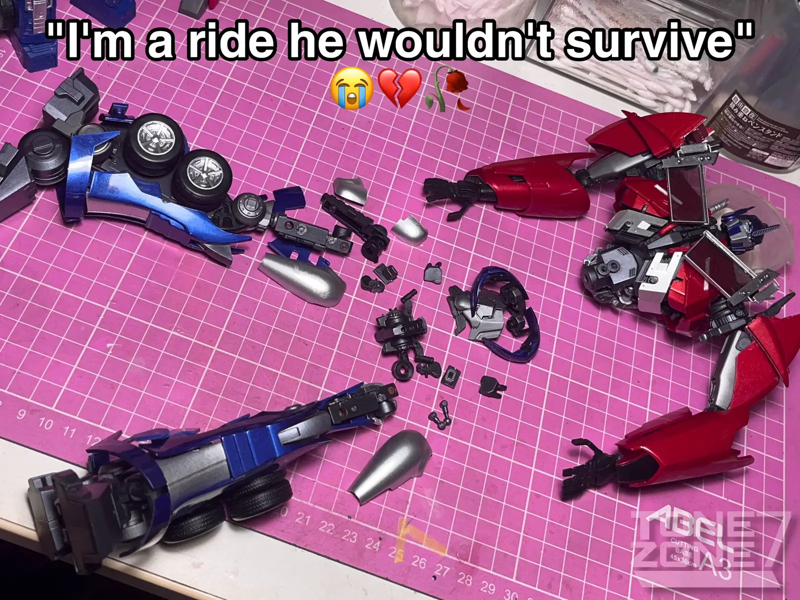 Picked up another repair client today  Iron Warrior IW-07 Leader, third party non-transformable TFP Optimus Prime figure  Hip joint snapped, a lot of parts have come loose and/or have broken, hip section has a missing hydraulic part And I have to fix it all, this might be the most challenging repair job I’ve done in a long time  • • • Gotta say I’ve always been curious about this figure, it looked amazing in stock images But holy hell this thing is so poorly put together 😭 Loose joints, fragile pieces everywhere, half the armor is just glued on with some loose soft glue, the plastic feels flimsy and cheap too. I can FEEL this to falling apart as I attempt to handle it  Severely dissapointed with the quality of this guy tbh, I can only hope to make it passable after repairs are made  #transformers #optimusprime #tfp #toys #foryou 