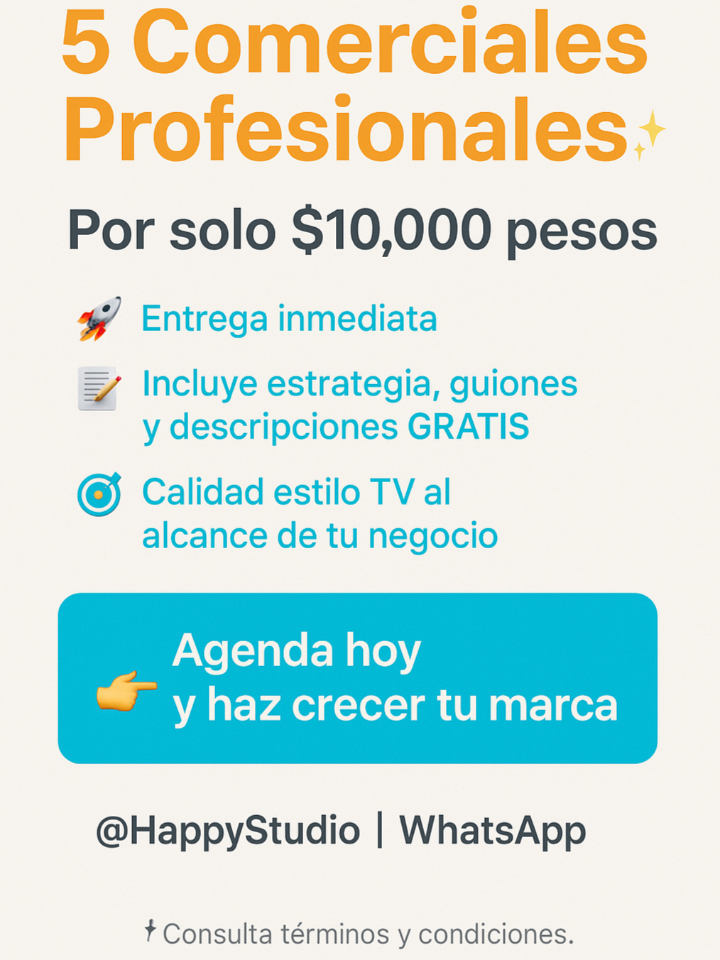 🎥 ¿Imaginas tener 5 comerciales listos en una semana por solo $10,000? Ahora es posible con HappyAI. Haz que tu negocio luzca con la calidad que merece 🚀 👉 Mándanos mensaje y empieza hoy. 📌 Consulta términos y condiciones. Hashtags sugeridos: #IA #MarketingDigital #PYMES #Comerciales #Emprendedores #HappyAI