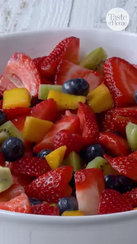 Make this sweet-tart fruit salad dressing to toss into a big bowl of seasonal fruit! Find the full recipe below: Ingredients 3 tablespoons all-purpose flour 2 cans (6 ounces each) pineapple juice 1 can (6 ounces) frozen orange juice concentrate, thawed 1/2 to 1 cup sugar 1/4 cup honey 1/4 cup lemon juice Assorted fresh fruit Directions In a saucepan, combine the flour, pineapple juice, orange juice concentrate, sugar, honey and lemon juice. Bring to a boil; cook and stir for 2 minutes or until thickened and bubbly. Cool. Serve over fruit. Leftover dressing may be refrigerate for up to 1 week.