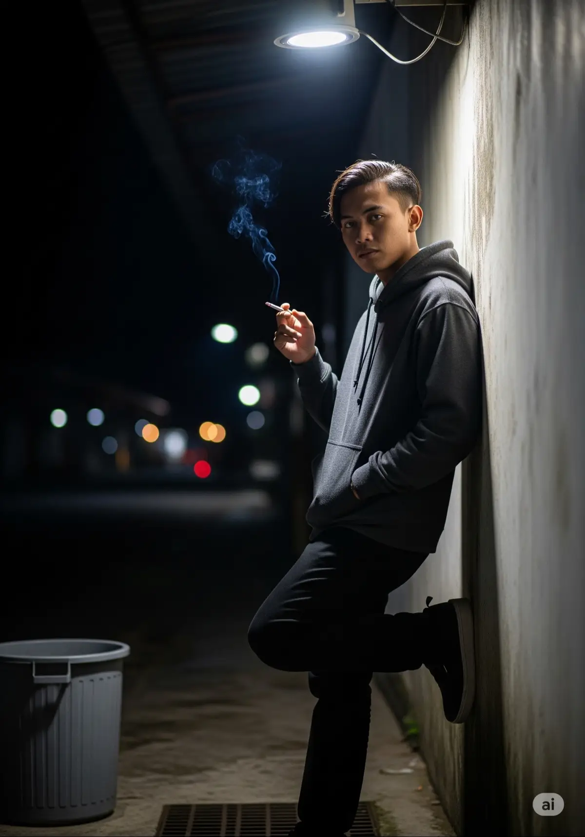 Prompt : Buatkan foto menampilkan seorang pria muda Indonesia yang sedang berdiri dan bersandar di dinding luar ruangan yang gelap. Pencahayaan tunggal dari lampu jalan di atas kepala pria tersebut menciptakan kontras yang dramatis dan menonjolkan subjek utama.  Seorang pria muda berambut hitam, bergaya rambut belah pinggir yang rapi. Ekspresi wajahnya tampak serius dan matanya menatap ke arah kamera. Pria memegang sebatang rokok di tangan kanannya, dengan asap yang mengepul tipis ke udara di depannya. Tangan kirinya dimasukkan ke dalam saku jaket hoodie.  Pakaian: Dia mengenakan hoodie berwarna abu-abu gelap yang polos. Bahannya terlihat tebal dan berat. Di bagian bawah, dia memakai celana panjang berwarna hitam, yang tampak. Sepatunya berwarna gelap, kemungkinan hitam, dengan sol yang tebal dan putih. Latar Belakang dan Lingkungan Dinding: Pria itu bersandar pada dinding beton berwarna abu-abu terang yang terlihat kotor dan usang. Tekstur dinding tampak kasar dan memiliki garis-garis vertikal. Di bagian bawah, dinding bertemu dengan trotoar yang memiliki penutup selokan. Lampu jalan berwarna putih terang yang dipasang di dinding tepat di atas kepala pria menjadi sumber cahaya utama. Cahaya ini menciptakan efek sorotan yang kuat pada pria tersebut dan menerangi sebagian kecil area di sekitarnya.  Objek Lain: Di sisi kiri bawah, ada tempat sampah plastik abu-abu dengan kantong sampah transparan yang terlihat di dalamnya. Di sisi paling kiri, sebuah saluran air atau selokan terlihat di bawah kabut, dengan bayangan yang kabur di sampingnya. Di kejauhan, ada cahaya lain yang memudar, menunjukkan adanya area yang lebih terang di luar jangkauan fokus.  Estetika dan Suasana Secara keseluruhan, foto ini memiliki palet warna yang didominasi oleh nuansa monokromatik seperti abu-abu dan hitam, yang diselingi oleh cahaya putih terang dan asap rokok. Suasananya sepi, dingin, dan melankolis, seolah menggambarkan kesendirian atau renungan di malam hari. Efek kabur (bokeh) dari lampu-lampu di kejauhan membuat subjek utama menjadi fokus dan memberikan kesan kedalaman pada gambar. Rasio Aspek 3:4 #prompt #fyppppppppppppppppppppppp #google #trend #ai #fyp #googlegemini #chatgpt #geminiai #fypage 