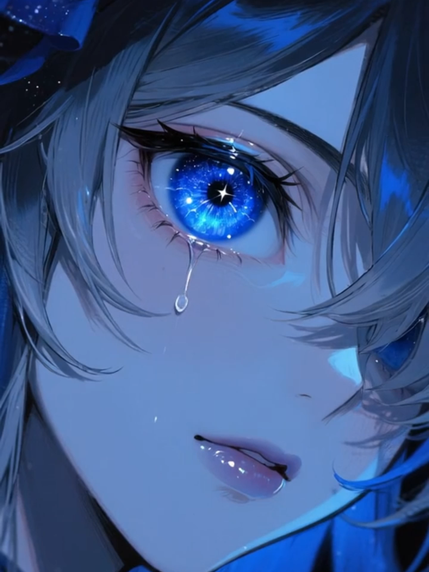 Live Wallpaper | Eyes of Sorrow and Starlight #animegirl #tears #livewallpaper #blueaesthetic #animevibes #galaxyeyes #sadanime #emotionalvibes #aivideo #fyp