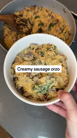 Creamy sausage orzo is such a yummy comfort meal! It’s a one pot meal that takes less than 30 minutes too! Recipe below 👇🏻  What you’ll need: Italian sausage  1/2 medium onion 3-4 cloves of garlic  1 cup uncooked pasta  2 cups chicken broth 1 cup heavy cream  1/2 cup freshly grated parm 2 cups of spinach  1. Brown your sausage in a large pan. Cook for about 5 minutes. Then add your chopped onion and cook for an additional 5 minutes. Add your orzo and garlic, cook for about 30 seconds.  3. Stir in broth and cream. Once it boils, cook for 10 minutes uncovered on medium/low heat. Stir often to prevent sticking.  4. Take pot off the heat and add in your spinach and Parmesan cheese. Mix until the spinach has wilted. Serve warm and enjoy!! #EasyRecipe #DinnerIdeas #onepotmeals #simplerecipe #cooking 