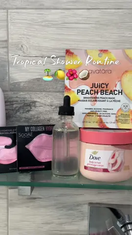 Want To Smell Like A Tropical Dream 🏝️🫧🍋🌺🥥🍑? Here’s How ☺️!  Products Mentioned: •Rose hips églantine conditioner | @herbalessences  •Sweet Peach & Nectar Body Wash | Personal Care •White Peach & Crushed Rice Body Scrub | @Dove Beauty & Personal Care  •Always Golden Body Lotion With Sunscreen |  @KINLÒ  •Fresh + Cozy 24 Hour Moisture Body Lotion | @eos Products  •Vitamin E & Coconut Body Oil •Tropical Bliss Deodorant | @Power Stick for Her  •Capri In A Bottle Lemon Sugar | @Kayali  •BoraBora | @Giardini di Toscana  •Collagen Hydrogel Eye Patch | @Soo’AE  •Collagen Hydrogel Lip Patch | soo’AE •Juicy Peach Beach Brightening Peach Mask | Avatāra #showerroutine #skincare #skincareroutine #tropical #asmr     