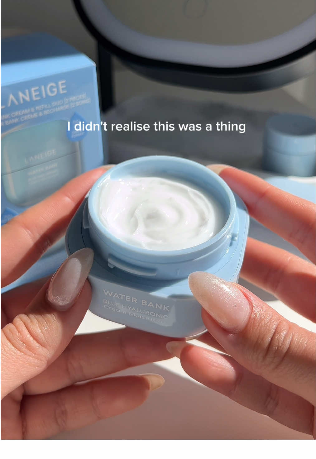 I've been living under a rock 😳 #laneige #laneigemoisturizer  She is as good as new - this is the @laneige_anz water bank blue hylauronic cream moisturiser (as you can see, she's very loved) This is a staple as I've got pretty dry skin, and she pairs super well under makeup too. Plus she's refillable, the more you know. [Laneige cream skin, Laneige water bank moisturiser, refillable moisturisers, refillable skincare] 