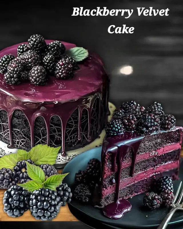 INGREDIENTS * 2 1/2 cups all-purpose flour * 1 1/2 cups granulated sugar * 1 cup buttermilk * 1 cup unsalted butter, softened * 4 large eggs * 1 1/2 teaspoons vanilla extract * 2 teaspoons baking powder * 1 tablespoon black food coloring * 1 cup hot water * 2 cups fresh or frozen blackberries * 1/2 cup granulated sugar * 1 tablespoon lemon juice * 1 teaspoon cornstarch * 8 ounces cream cheese, softened * 1/2 cup unsalted butter, softened * 3 cups powdered sugar * 1 cup black cocoa powder * 1/4 teaspoon salt * 1 teaspoon vanilla extract * 1 1/2 cups dark chocolate (70% cocoa or higher), chopped * 1 cup heavy cream * 1 cup fresh blackberries * 1 tablespoon edible gold leaf or glitter (optional) INSTRUCTIONS 1. Preheat your oven to 350°F (175°C). Grease and line two 8-inch round cake pans with parchment paper. 2. In a large mixing bowl, whisk together the flour, sugar, baking powder, and black cocoa powder. 3. Add the buttermilk, softened butter, eggs, vanilla extract, and black food coloring to the dry ingredients. Mix until well combined. 4. Gradually add the hot water to the batter, mixing until smooth. The batter will be thin. 5. Divide the batter evenly between the prepared cake pans. 6. Bake for 30-35 minutes, or until a toothpick inserted into the center comes out clean. 7. Allow the cakes to cool in the pans for 10 minutes, then transfer to wire racks to cool completely. 8. While the cakes cool, prepare the blackberry compote. In a saucepan over medium heat, combine the blackberries, sugar, lemon juice, and cornstarch. Cook, stirring frequently, until the mixture thickens and the berries break down. Remove from heat and let cool. 9. For the frosting, beat the softened cream cheese and butter together until light and fluffy. 10. Gradually add the powdered sugar, black cocoa powder, salt, and vanilla extract. Continue to beat until smooth and creamy. 11. In a separate saucepan, heat the heavy cream until it begins to simmer. Pour over the chopped dark chocolate and let sit for 2 minutes. Stir until smooth and glossy to create the ganache. 12. Once the cakes are completely cool, place one layer on a serving plate. Spread a layer of blackberry compote over the top. 13. Place the second cake layer on top and frost the entire cake with the blackberry buttercream. 14. Drizzle the dark chocolate ganache over the top of the cake, allowing it to drip down the sides. 15. Decorate with fresh blackberries, edible gold leaf or glitter, and any other desired decorations. 16. Allow the cake to set for at least 30 minutes before slicing and serving.