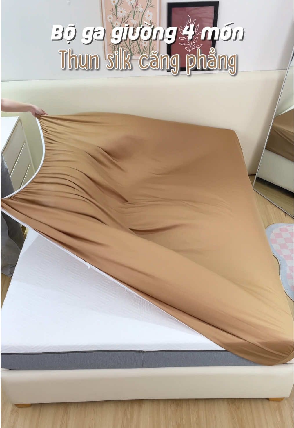 Bộ thun lạnh 4 món màu nâu cà phê vừa xinh lại dễ phối căn phòng ạ A106 #reebedding #thunlanh #gathunlanh