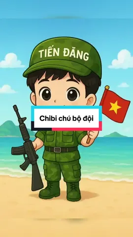 👉 Bước 1: Vào google gõ Chatgpt hoặc gemini .                                                                                                                                👉 Bước 2: Nhập câu lệnh: A cute chibi-style illustration of a Vietnamese boy soldier standing on the beach. He has big sparkling eyes, short black hair, and a warm smile. He is wearing a green camouflage uniform with matching boots and a military cap with the text 