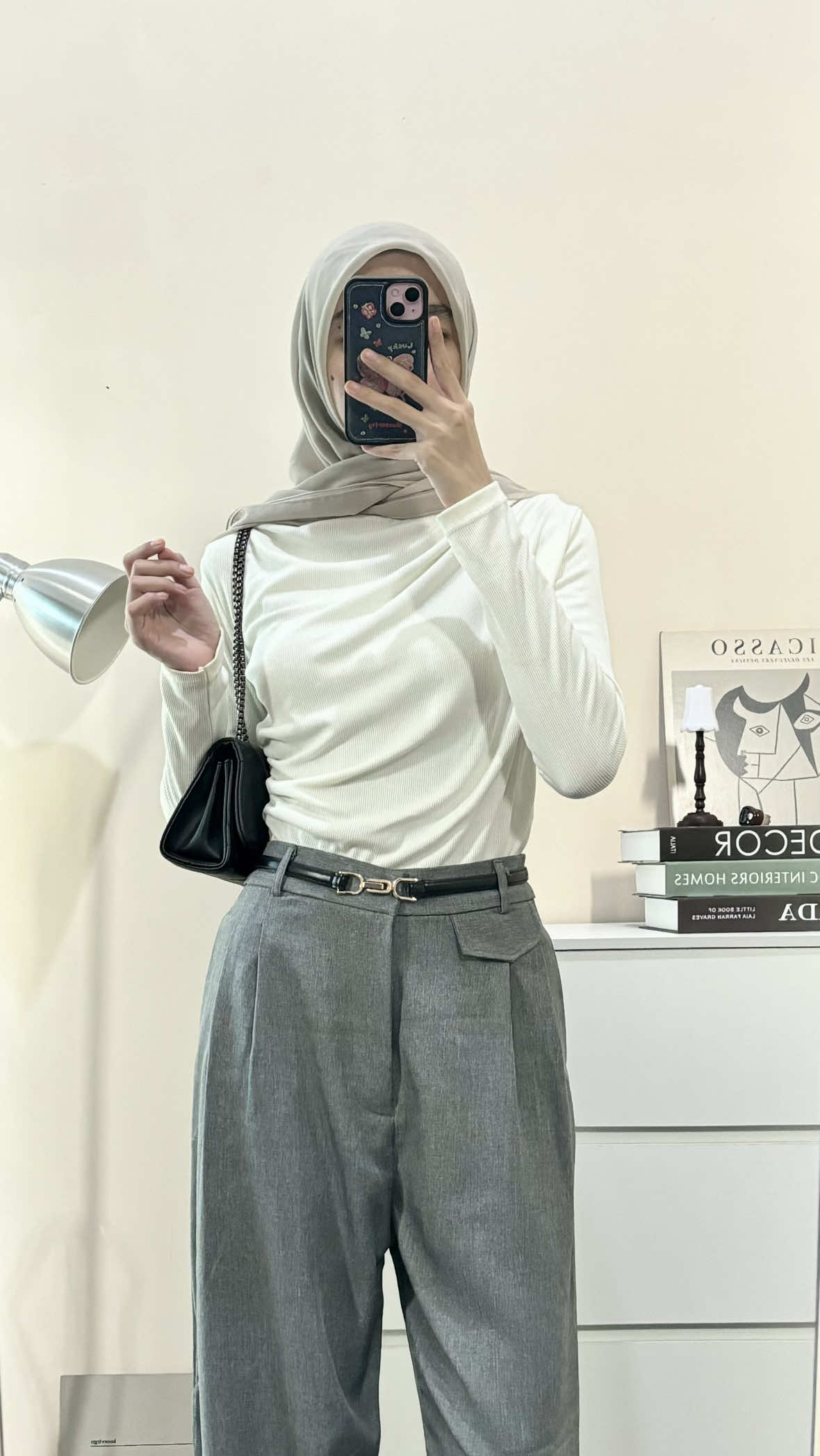 hijab🔗189 (ivory) top🔗159 pants🔗23 (grey) belt🔗11 tas🔗15 #outfitideas #fypシ #ootdhijab #simpleoutfit #hijabstyle 