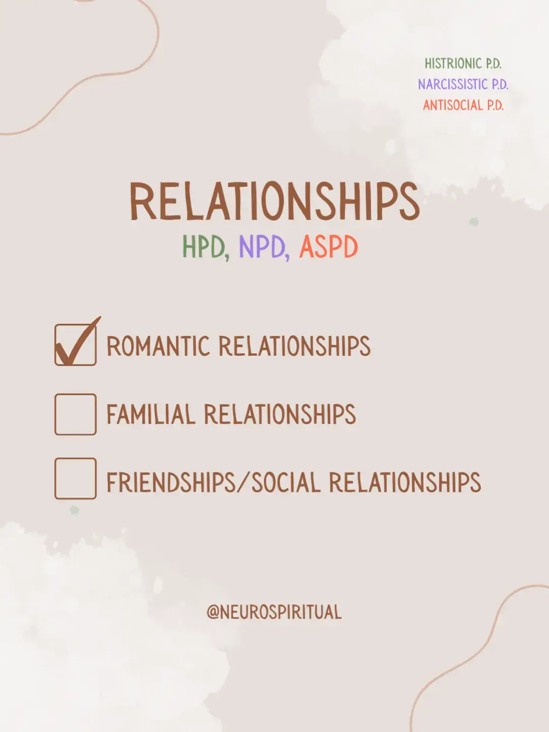 relationships in: HPD - histrionic personality disorder.  NPD - narcissistic personality disorder.  ASPD - antisocial personality disorder.  PART 1 - ROMANTIC:  - needs in a romantic relationship.  - challenges in a romantic relationship.  - triggers in a romantic relationship.  - coping in a romantic relationship.  - supporting a partner in a romantic relationship.  ☁️❤️‍🩹🌱 #hpd #npd #aspd #npdawareness #clusterb 