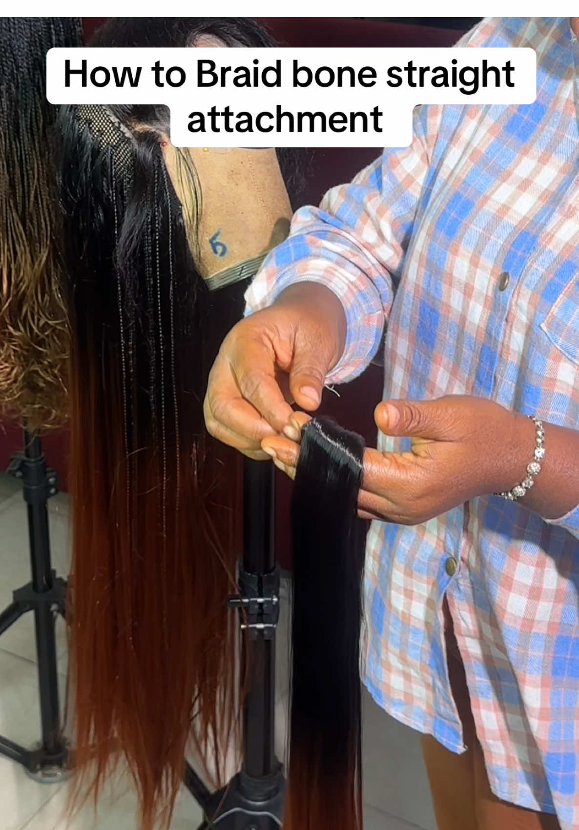 Step 1: Take a small section and make sure the tips are not equal in length  Step 2: braid to the end (don’t twist the ends) STEP 3: Take 2-3 strands and tie the end STEP : Trim very well and Dip in hot water  #bonestraightbraids #bonestraightattachment #braidingtutorial #howtobraidhair 