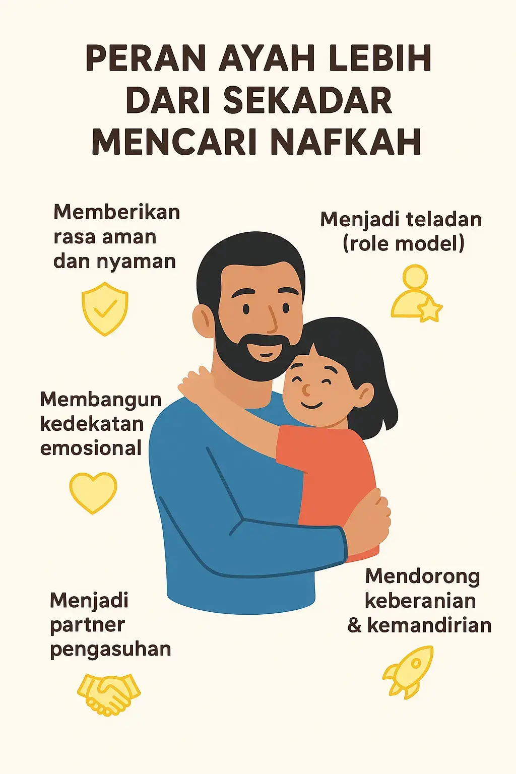 Peran ayah dalam keluarga tidak hanya sebatas pencari nafkah. Kehadiran ayah memberi dampak besar dalam tumbuh kembang anak. Beberapa peran penting ayah antara lain: ✨ Memberikan rasa aman dan nyaman – Anak merasa terlindungi dengan kehadiran ayah. ✨ Menjadi teladan (role model) – Anak belajar sikap, nilai, dan perilaku dari ayah. ✨ Membangun kedekatan emosional – Pelukan, perhatian, dan obrolan ringan dari ayah sangat berharga. ✨ Mendorong keberanian & kemandirian – Ayah mendukung anak mencoba hal baru dengan percaya diri. ✨ Menjadi partner pengasuhan – Ayah berperan aktif mendidik, bukan hanya ibu. #ayahhebat#AnakBahagia#fyp