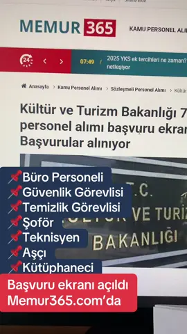 Kültür ve Turizm Bakanlığı 795 personel alımı başvuru ekranı açıldı. İlan memur365’te