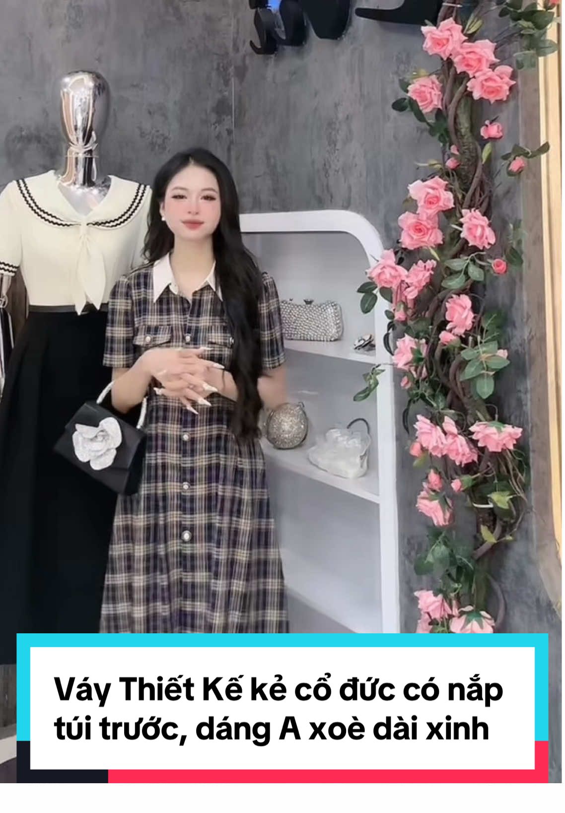 Váy Thiết Kế kẻ cổ đức có nắp túi trước, dáng A xoè dài xinh #xuhuong #xuhuongtiktok #xuhuong2025 #vayxinh #đầm 
