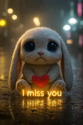 Ein kleiner Hase sitzt im Regen vor der Leuchtschrift i miss you und schaut dich mit traurigen, aber liebevollen Augen an – er vermisst jemanden unendlich. 🌧️💔🐇 #fluffyfriends #cute #cuteanimals #imisyou #hearttouching
