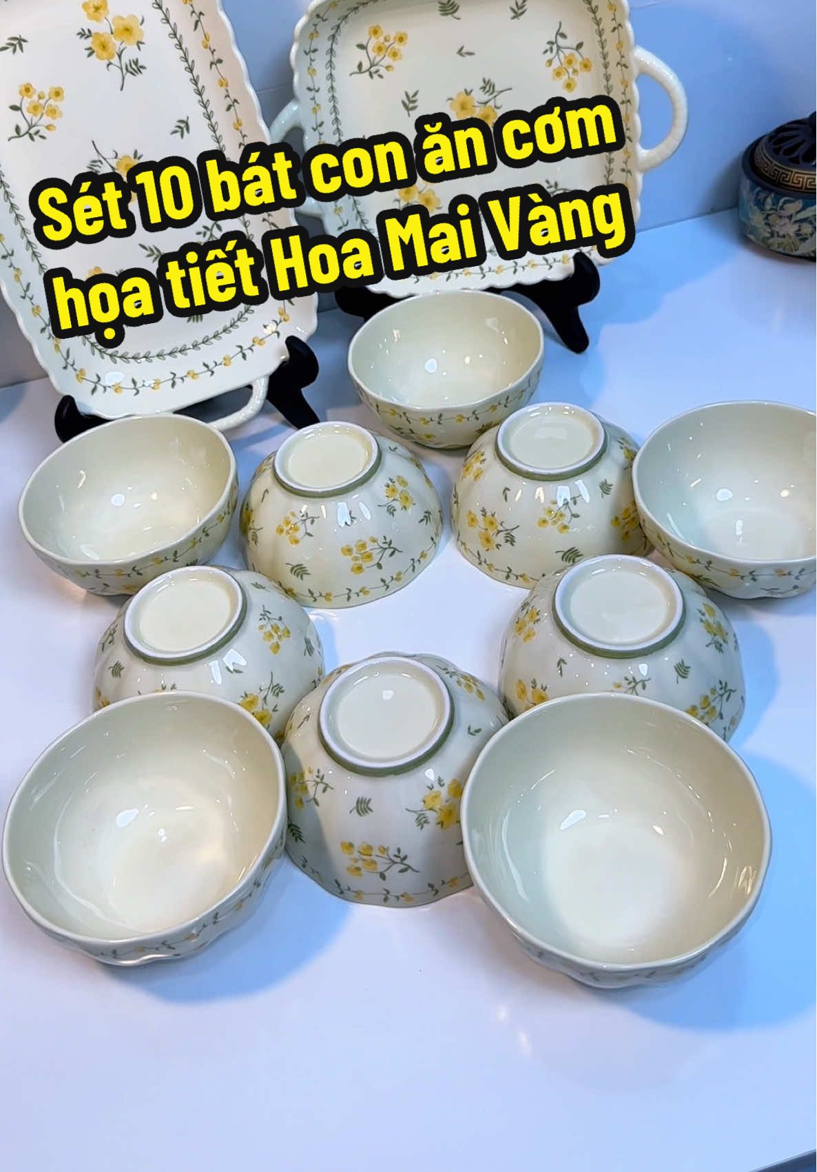 Sét 10 bát con ăn cơm họa tiết Hoa Mai Vàng rất sang trọng và đẹp mắt. Mẫu mới năm 2025