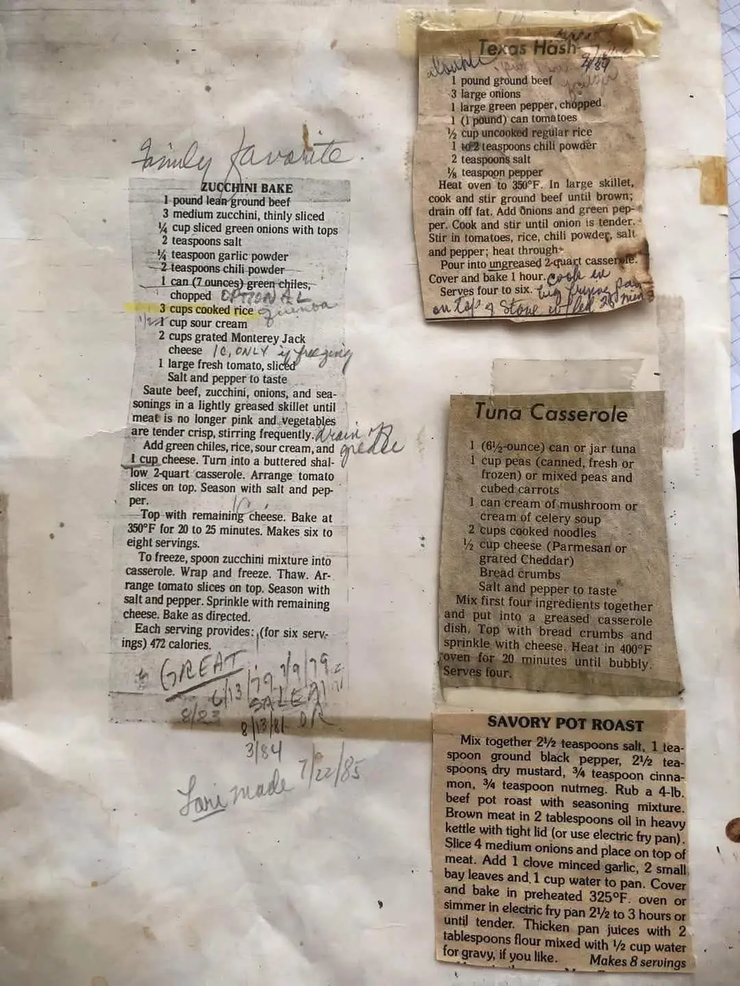 A few recipes that my Mom has hung onto through the years utilizing ground beef, zucchini, tuna, rice (or quinoa) dating back to the late ‘70s. Handwritten note from recipes: Zucchini bake: Green chilies optional. Quinoa can be used in place of white rice. Reduce mozzarella cheese to 1 cup if freezing the dish. After sautéing the beef/veggies, drain off grease. Texas hash: Can be doubled, can put in freezer. Cook in big skillet pan on top of stove with lid for 25 minutes.