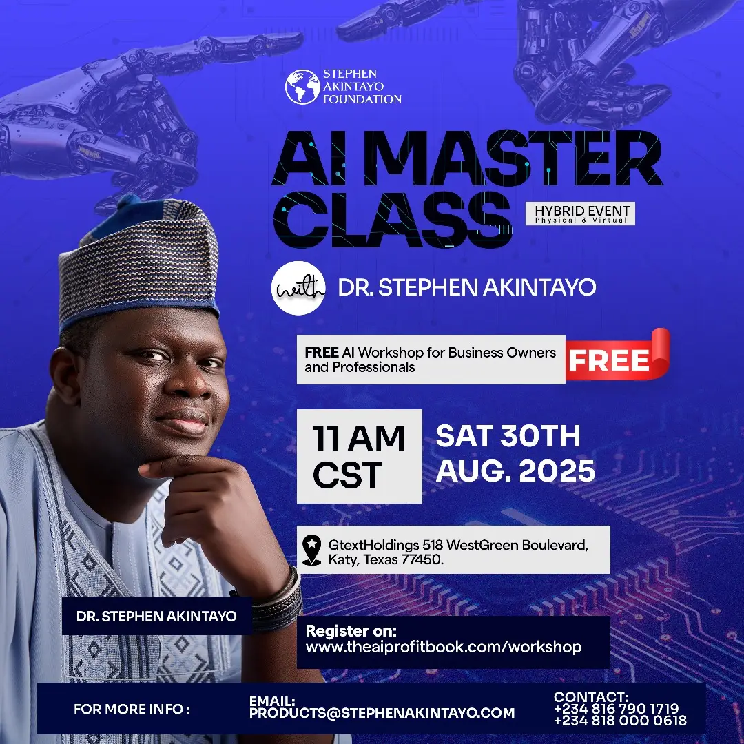 The world is moving fast, and AI is no longer just the future, it’s the present.  If you’re a business owner or professional looking to stay ahead, this is your chance to gain practical insights that can change the way you work and build wealth. Join me for a FREE AI Masterclass on Saturday, 30th August 2025 (Hybrid: Virtual & Physical in Texas). Let’s uncover how to make AI work for you. Register here: www.theaiprofitbook.com/workshop Seats are free, but the value you’ll gain is priceless. Don’t miss it! DSA!