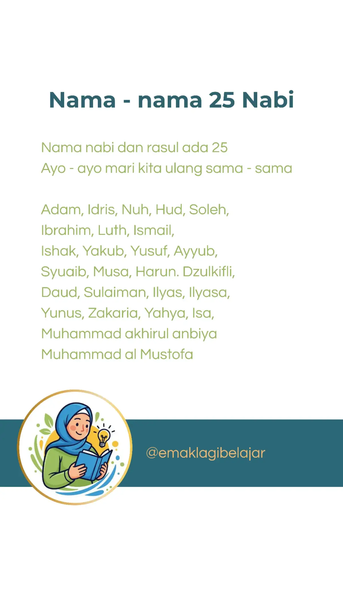 mak, udah hafal nama nabi dan rasul? yuk belajar bersama dulu sebelum mengajar anak-anak 🤗 #emaklagibelajar #islam #fyp #fypage 